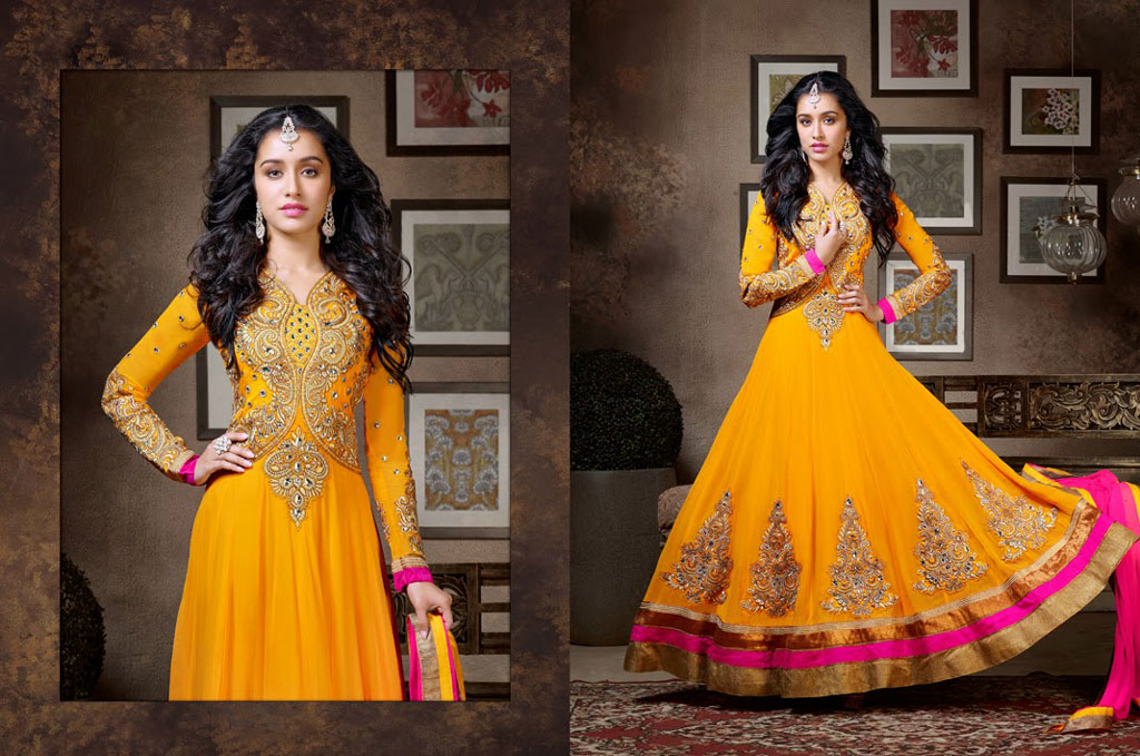 Shraddha Kapoor Yellow Butta Work Long anarkali Suit 34117