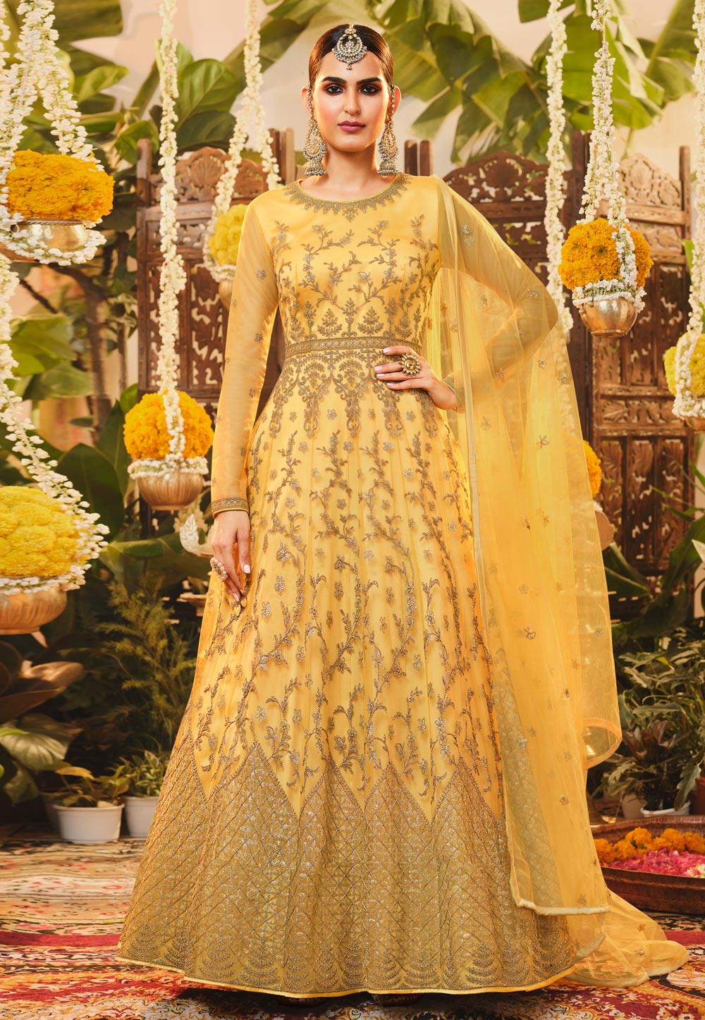 Yellow Net Abaya Style Anarkali Suit 245215