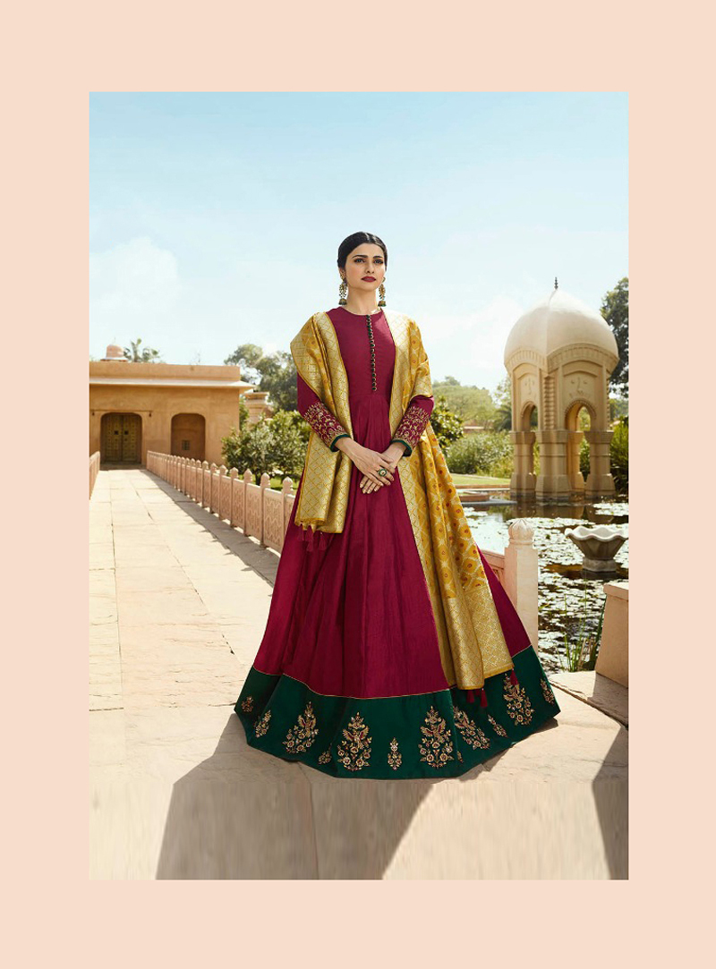 Prachi Desai Maroon Silk Anarkali Suit 133525