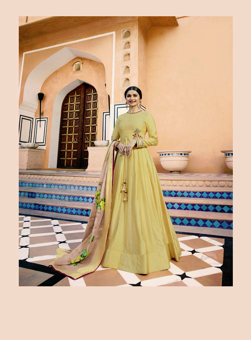 Prachi Desai Yellow Silk Anarkali Suit 133526