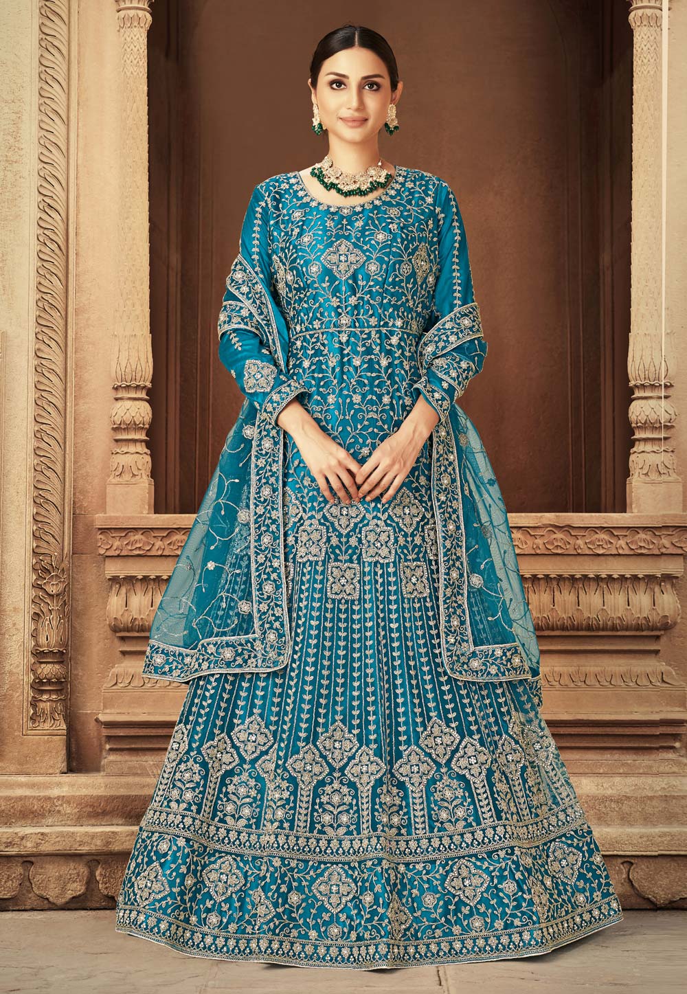 Turquoise Net Long Anarkali Suit 248363