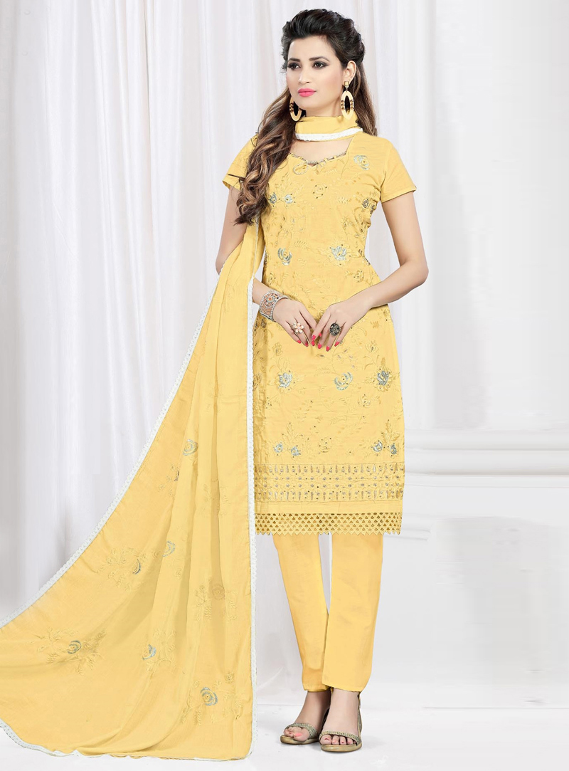 Yellow Cotton Pant Style Suit 128259