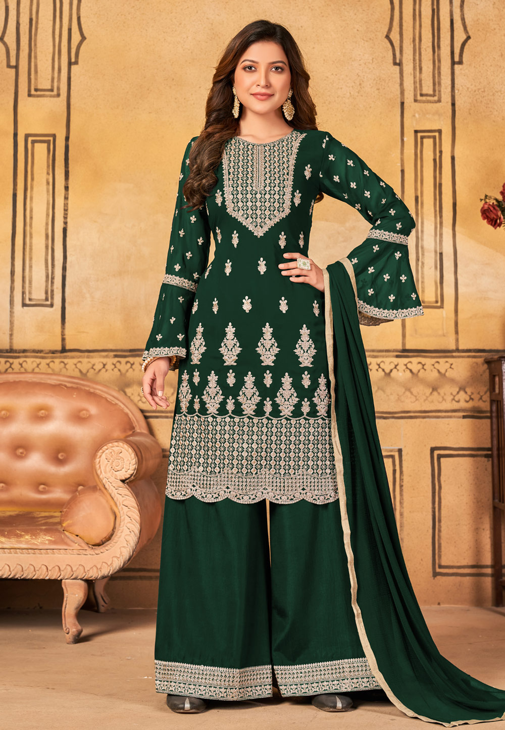 Green Faux Georgette Palazzo Suit 255967