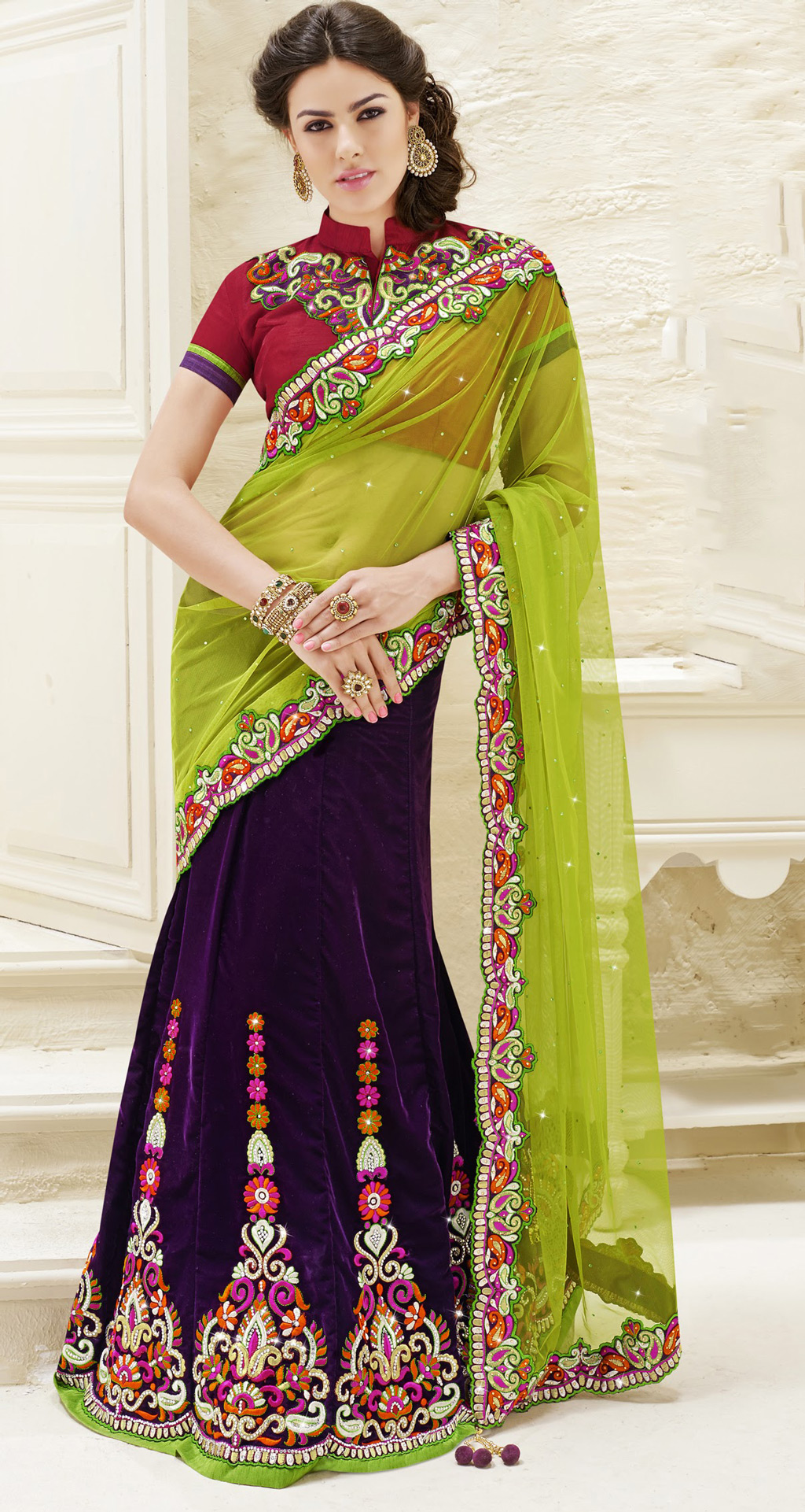 Green and Purple Net A Line Embroidered Wedding Lehenga Saree 32139