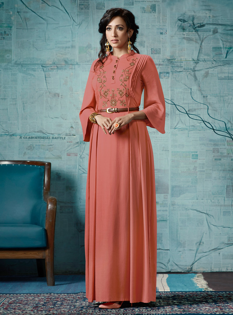 Peach Cotton Readymade Long Gown 142571