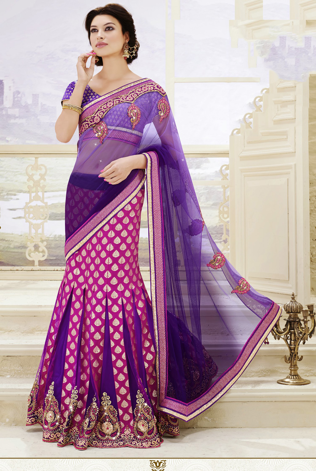 Purple and Pink Net Designer Lehenga Saree 32145