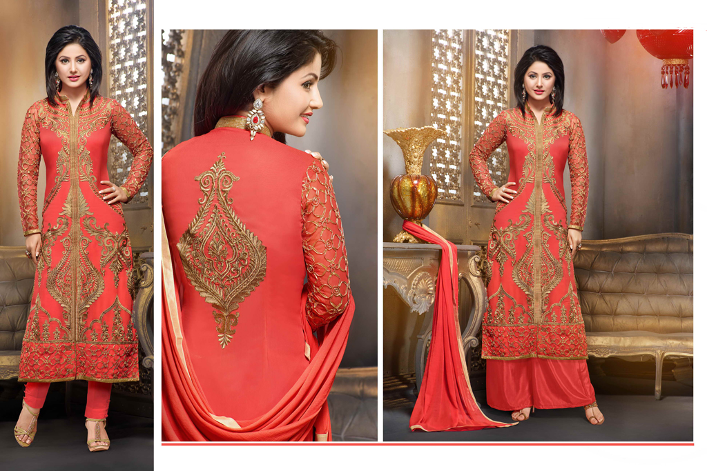 Hina Khan Salmon Georgette Palazzo Style Suit 56218