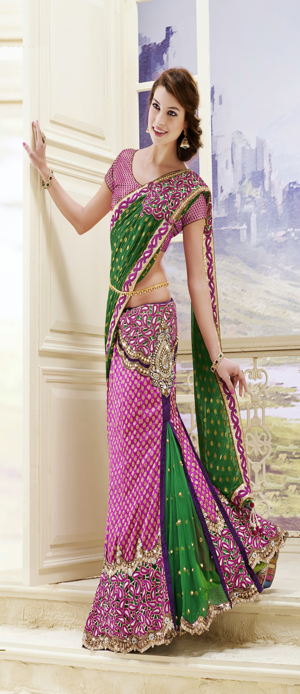Green and Pink Faux Georgette Patch Work Designer Wedding Saree 32147