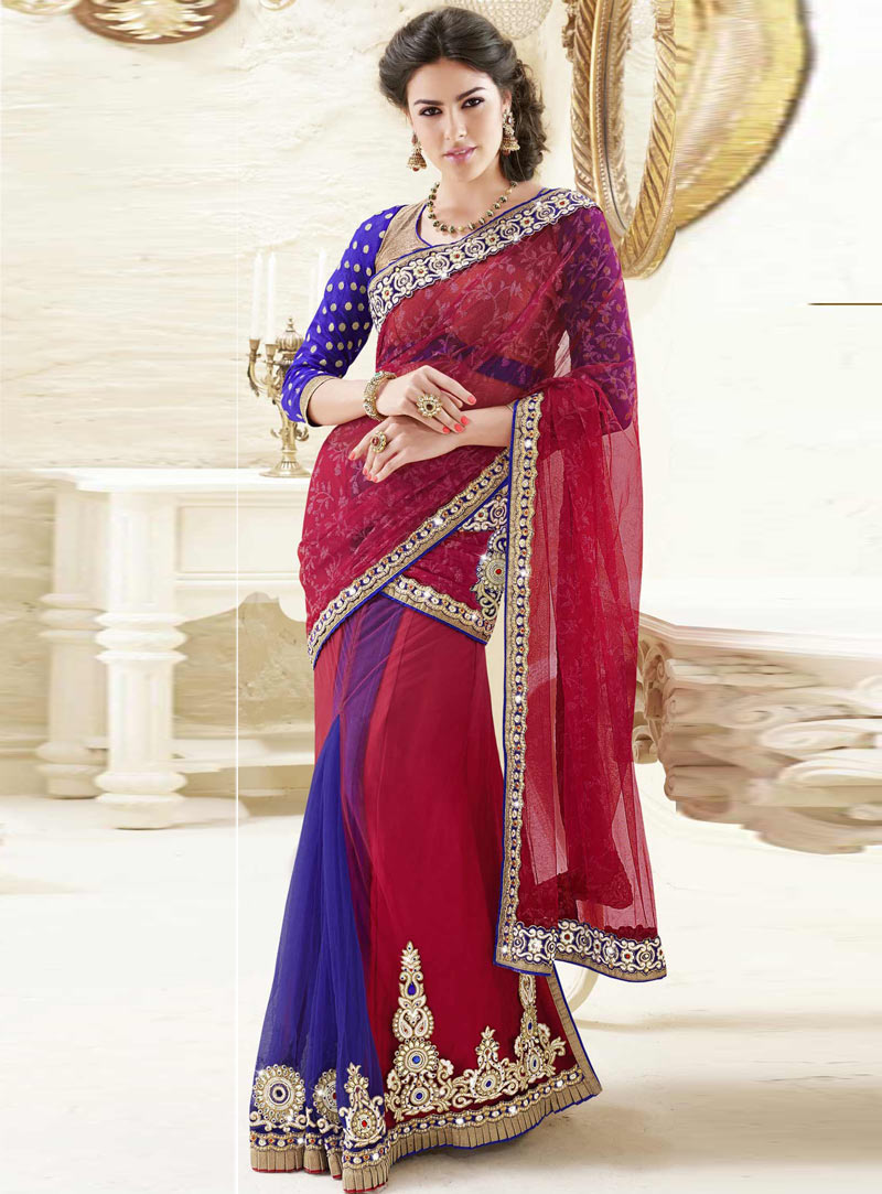 Red and Blue Net Designer Wedding Saree 32148