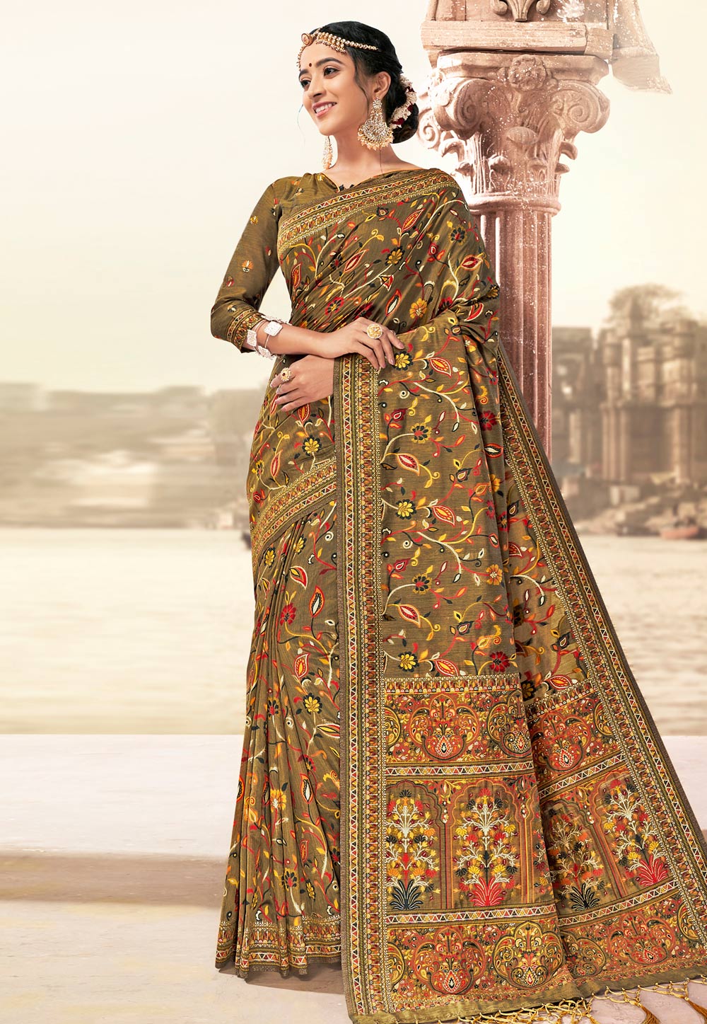 Mehndi Banarasi Silk Festival Wear Saree 213680