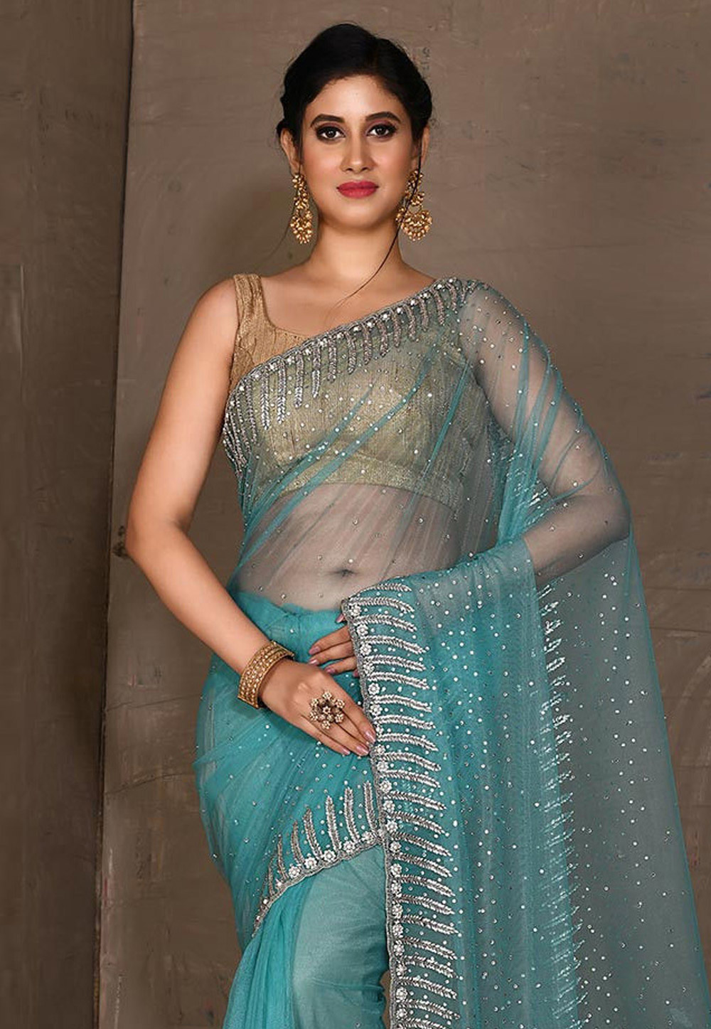 Admirable Sky Blue And Orange Shaded Saree With Heavy Work Designer Blouse