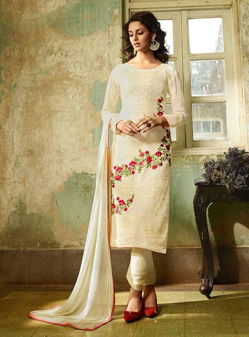 Off White Georgette Pakistani Style Suit 128718