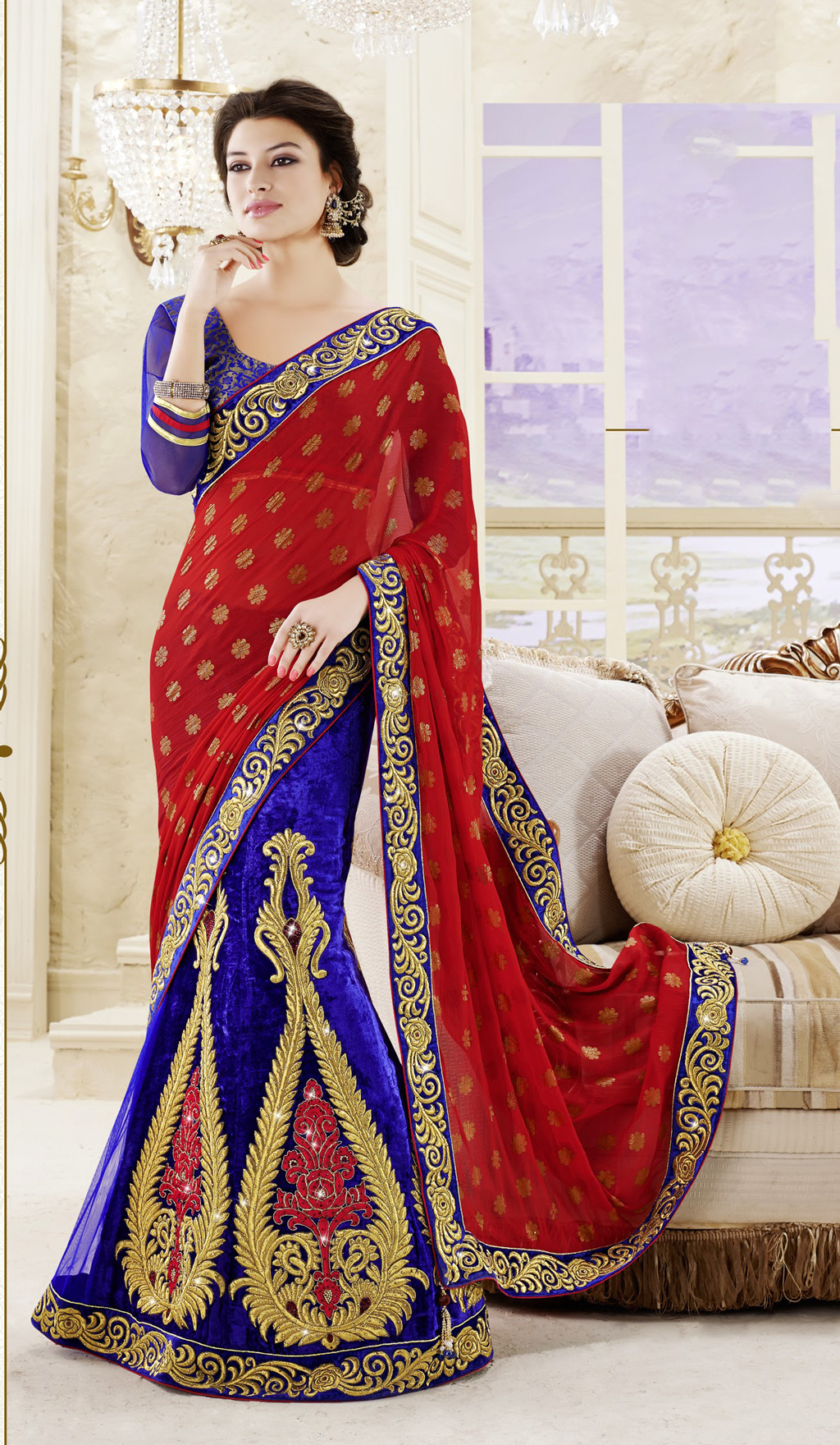Red and Blue Embroidered Chiffon Wedding Lehenga Saree 32154