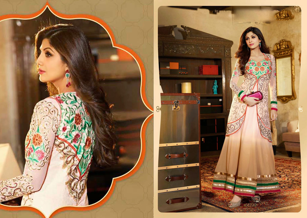 Shilpa Shetty Off White and Brown Embroidered Designer Salwar Kameez 34288