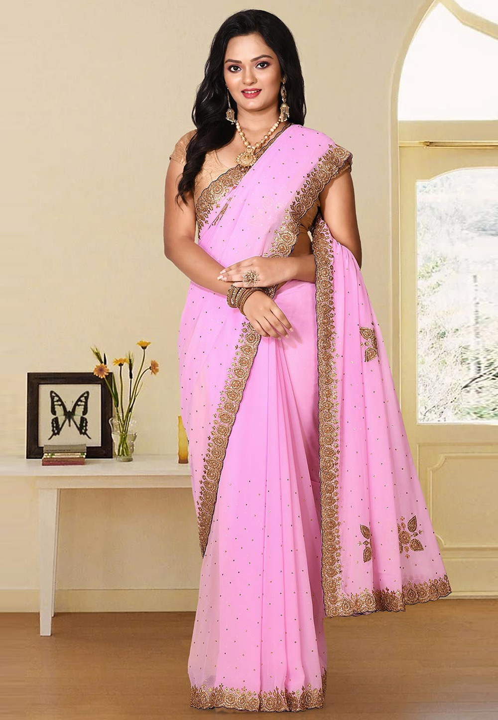Pink Georgette Saree With Blouse 242915