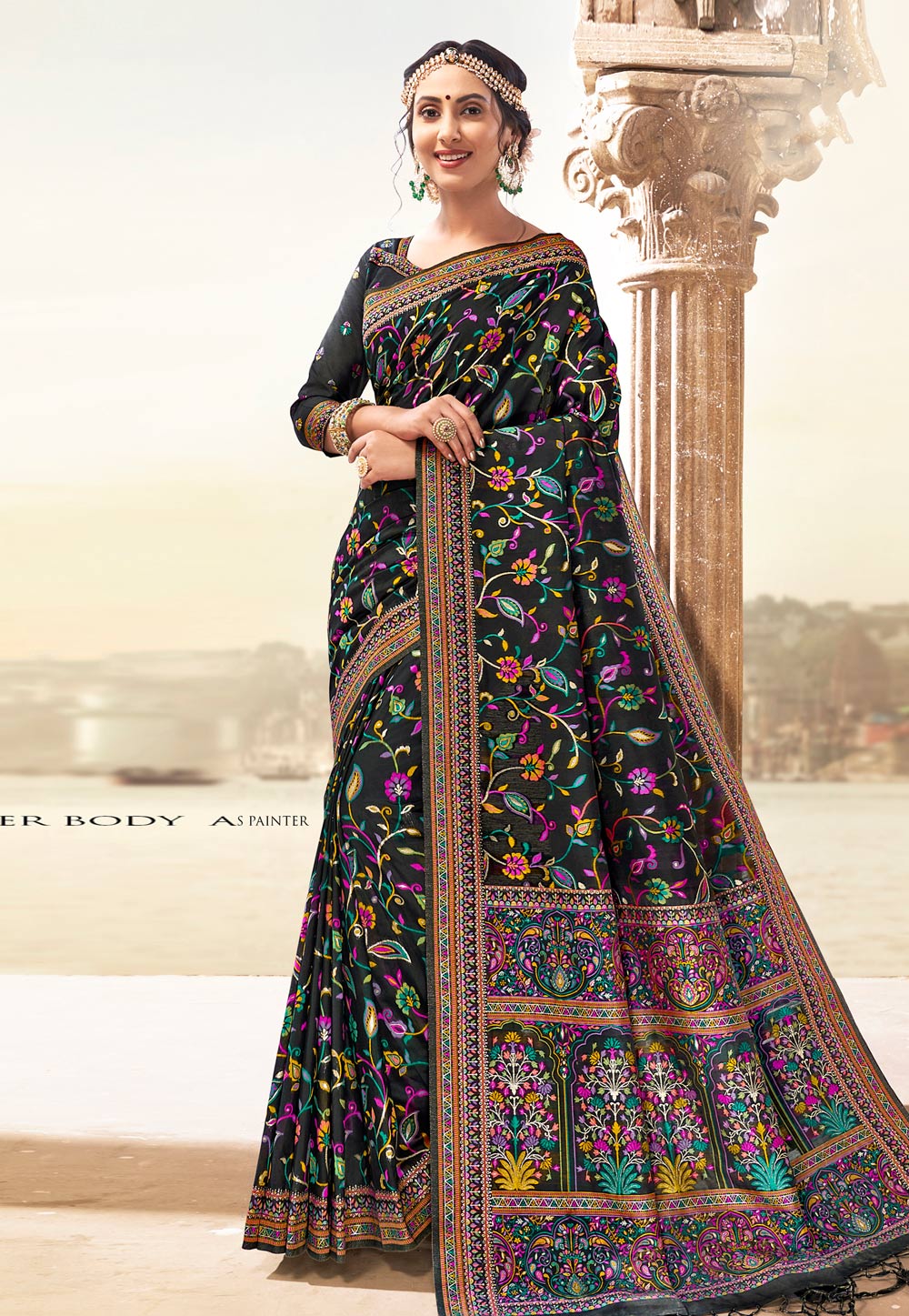 Black Banarasi Silk Saree With Blouse 213681