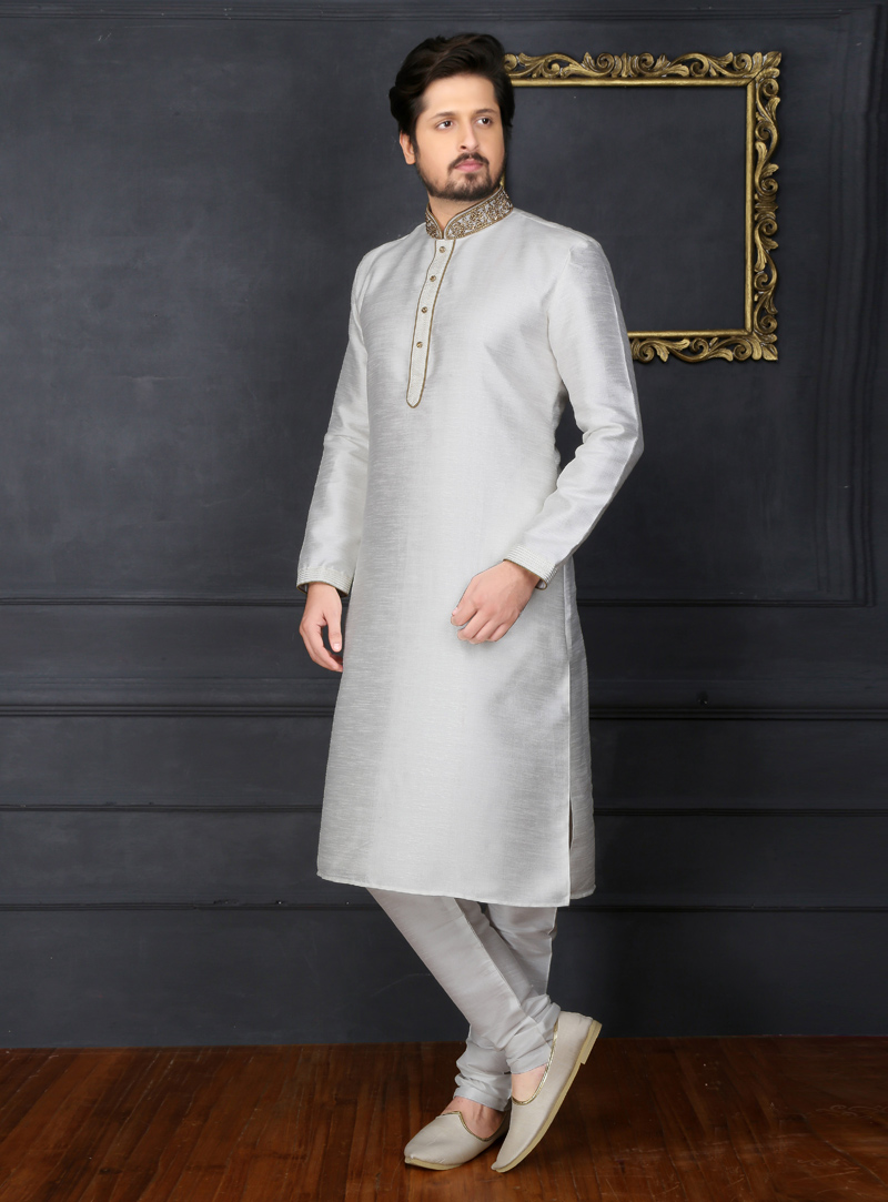 White Art Silk Readymade Kurta Pajama 128912