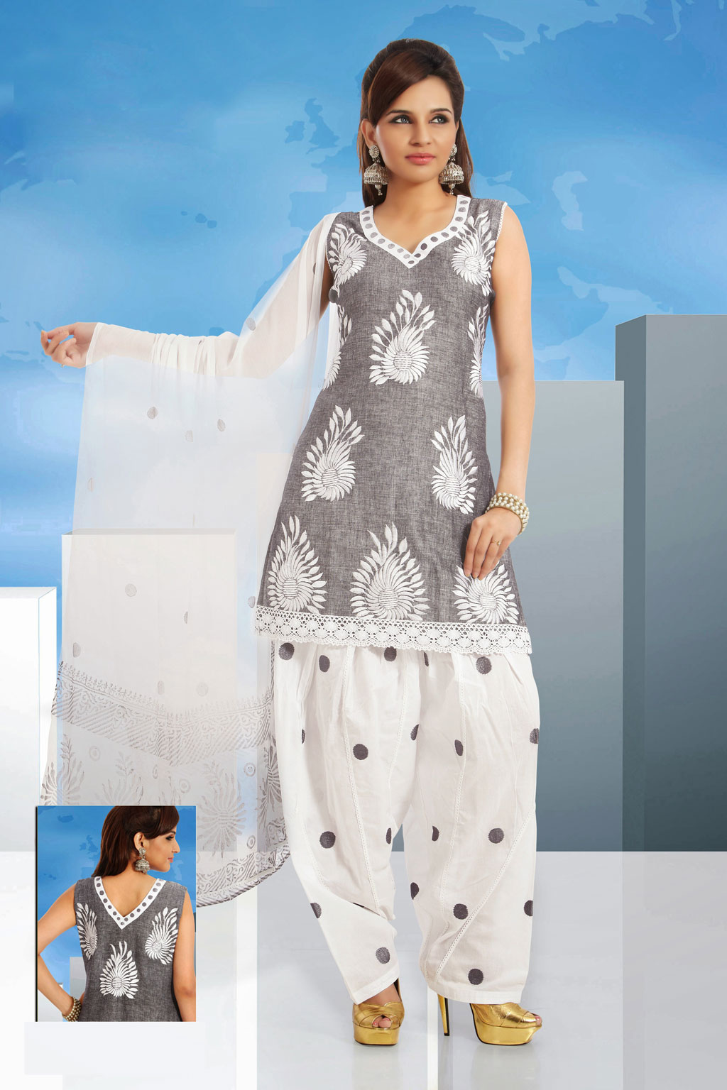 Grey Embroidered Cotton Punjabi Salwar Kameez 34596