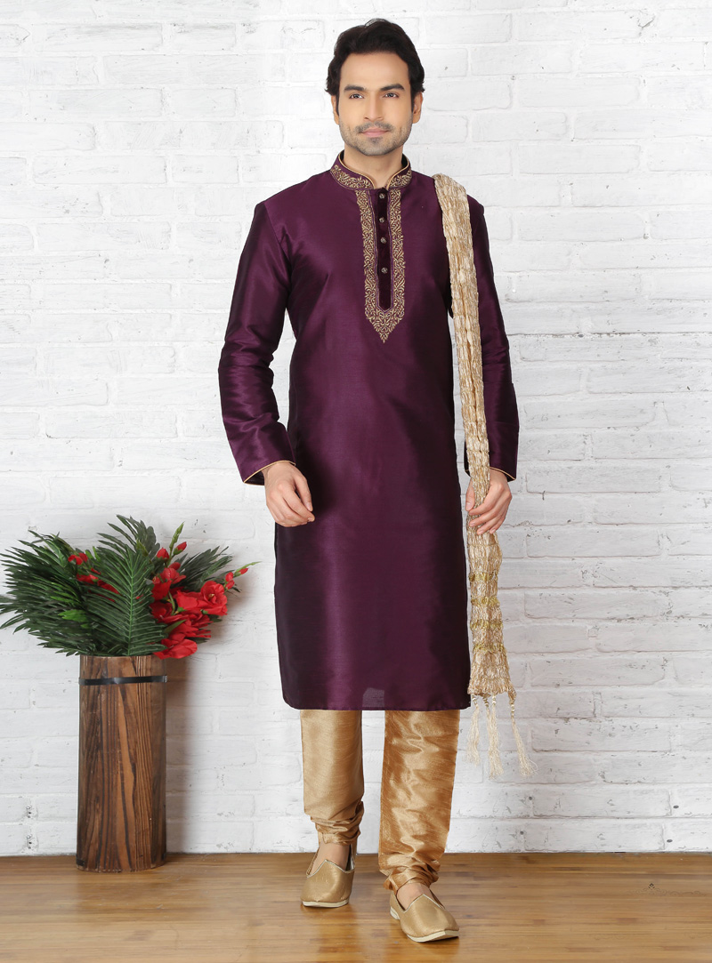 Purple Art Silk Readymade Kurta Pajama 128944