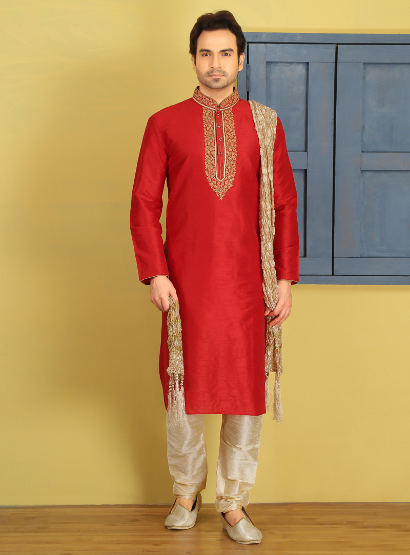 Red Art Silk Readymade Kurta Pajama 128987