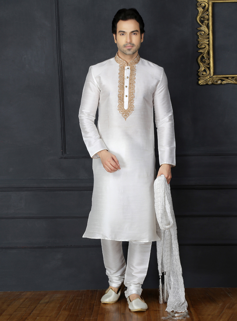 White Art Silk Readymade Kurta Pajama 128996