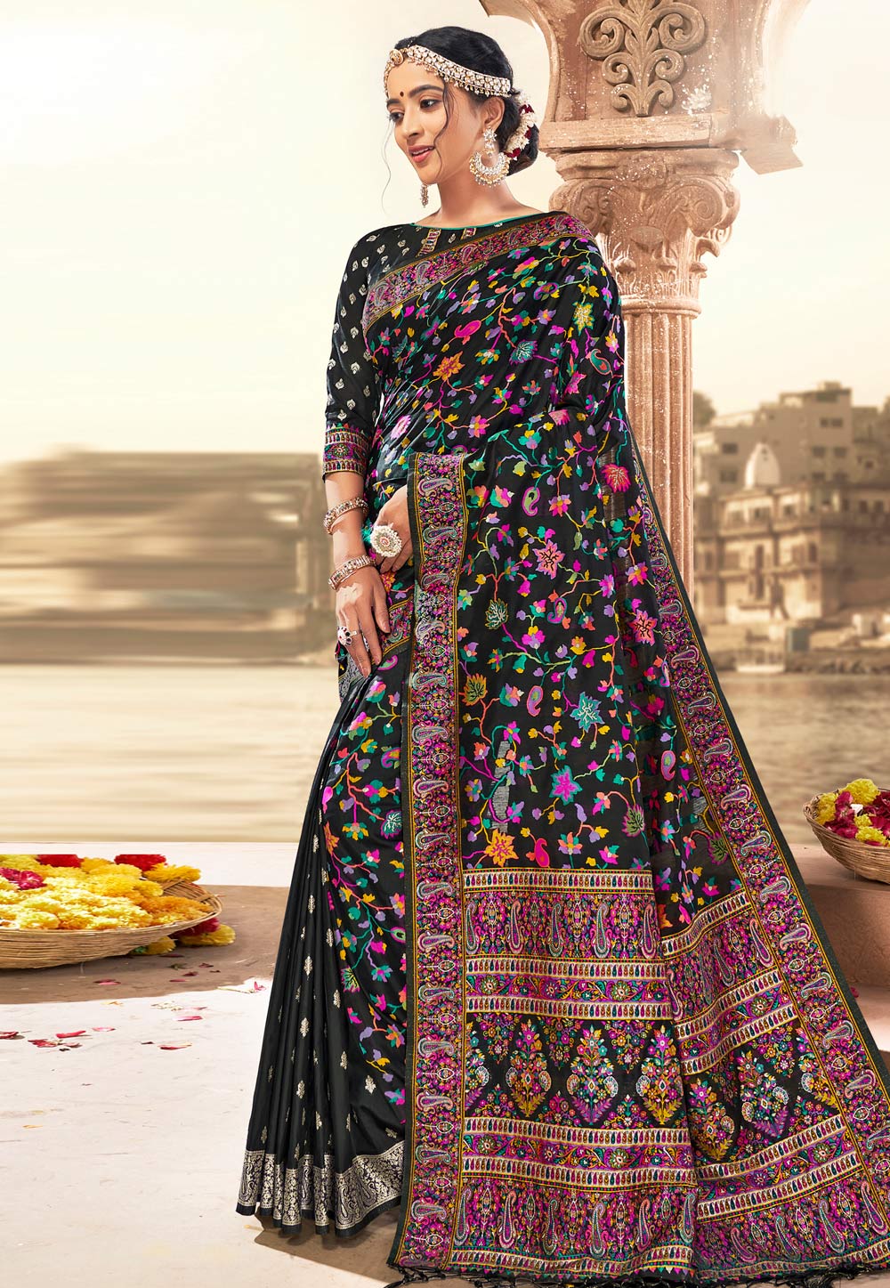 Black Banarasi Silk Saree With Blouse 213683