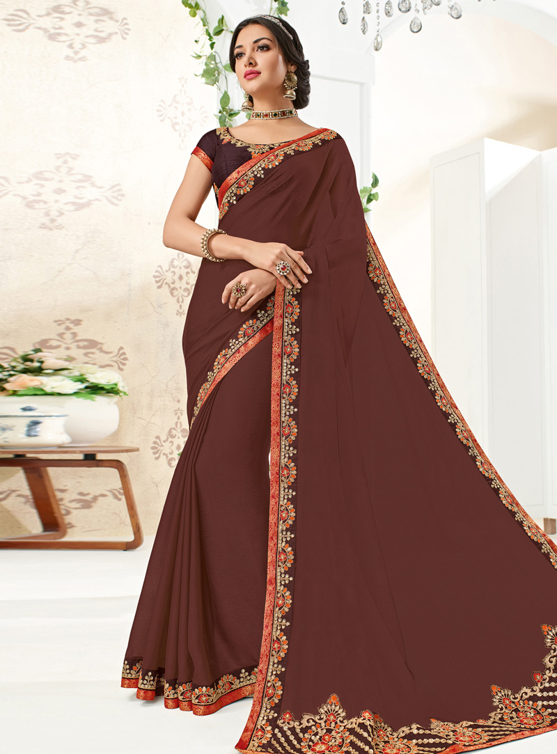 Brown Chiffon Saree With Blouse 139282