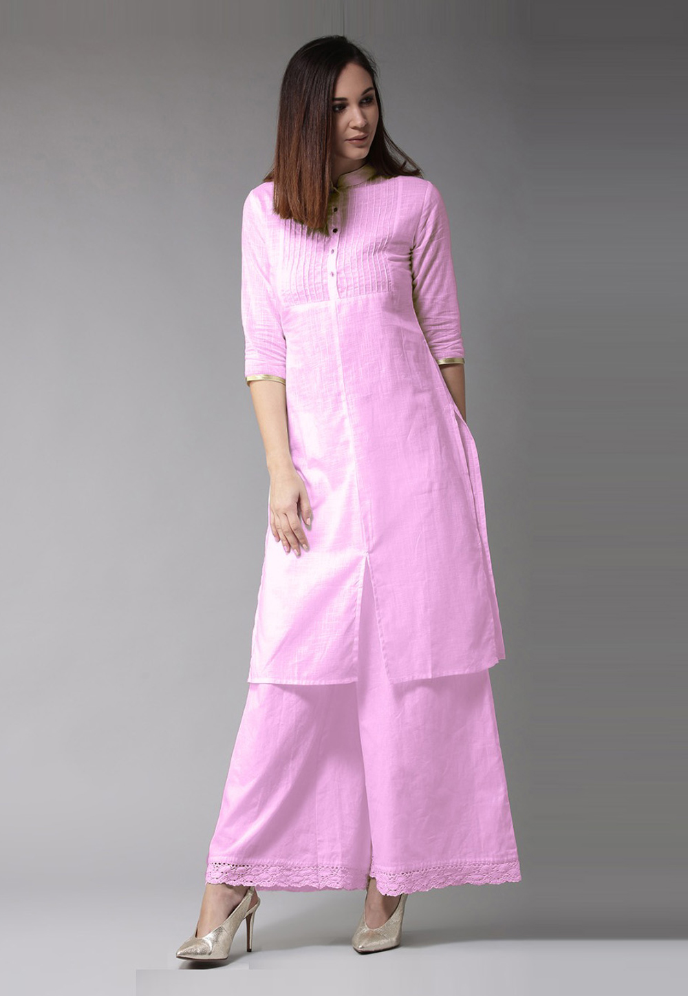 Light Pink Cotton Readymade Kameez With Palazzo 203100