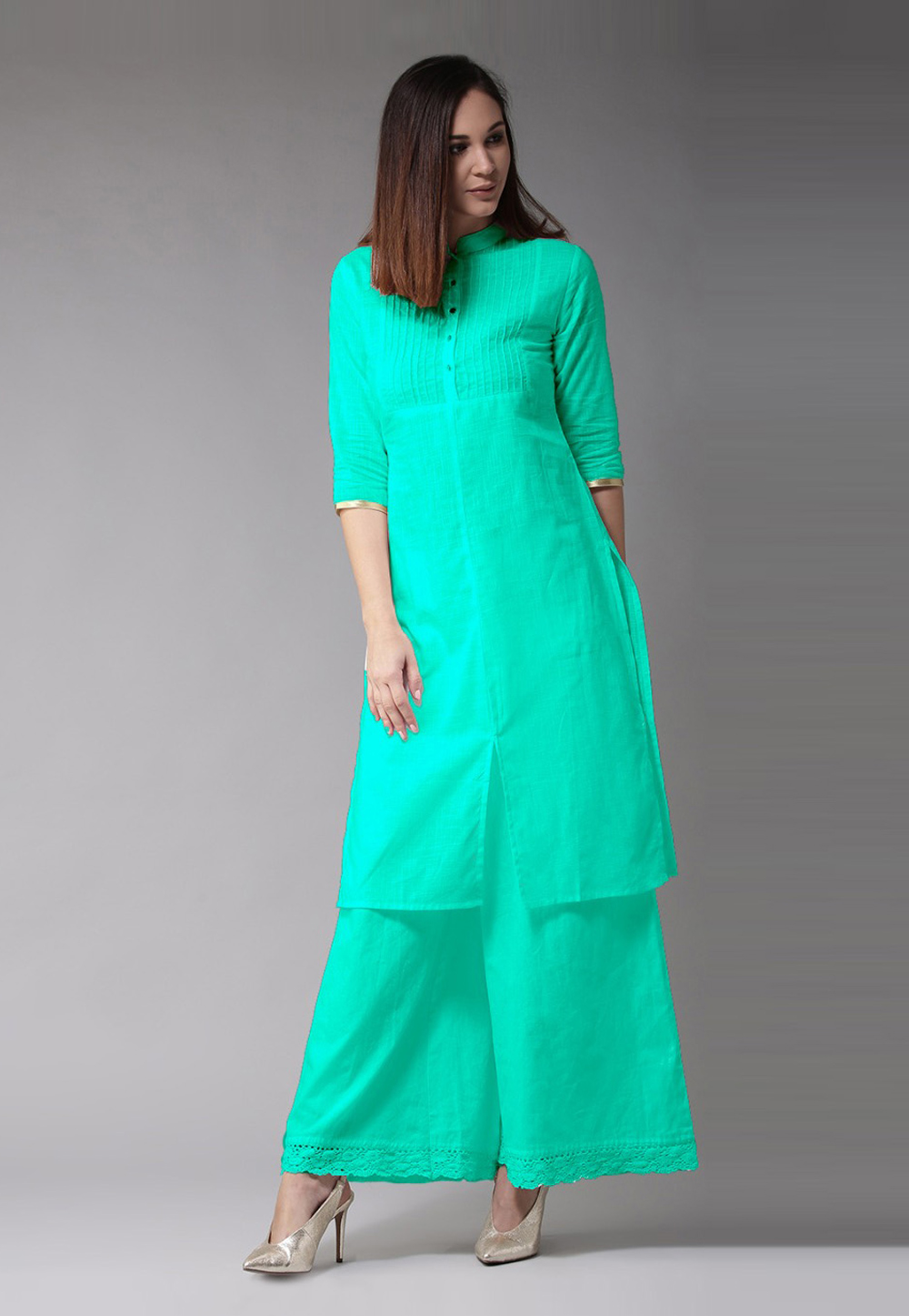 Turquoise Cotton Readymade Palazzo Suit 203101