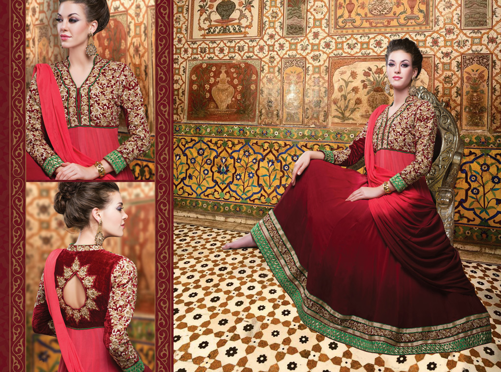 Maroon and Red Floral Patch Long Anarkali Suit 34612