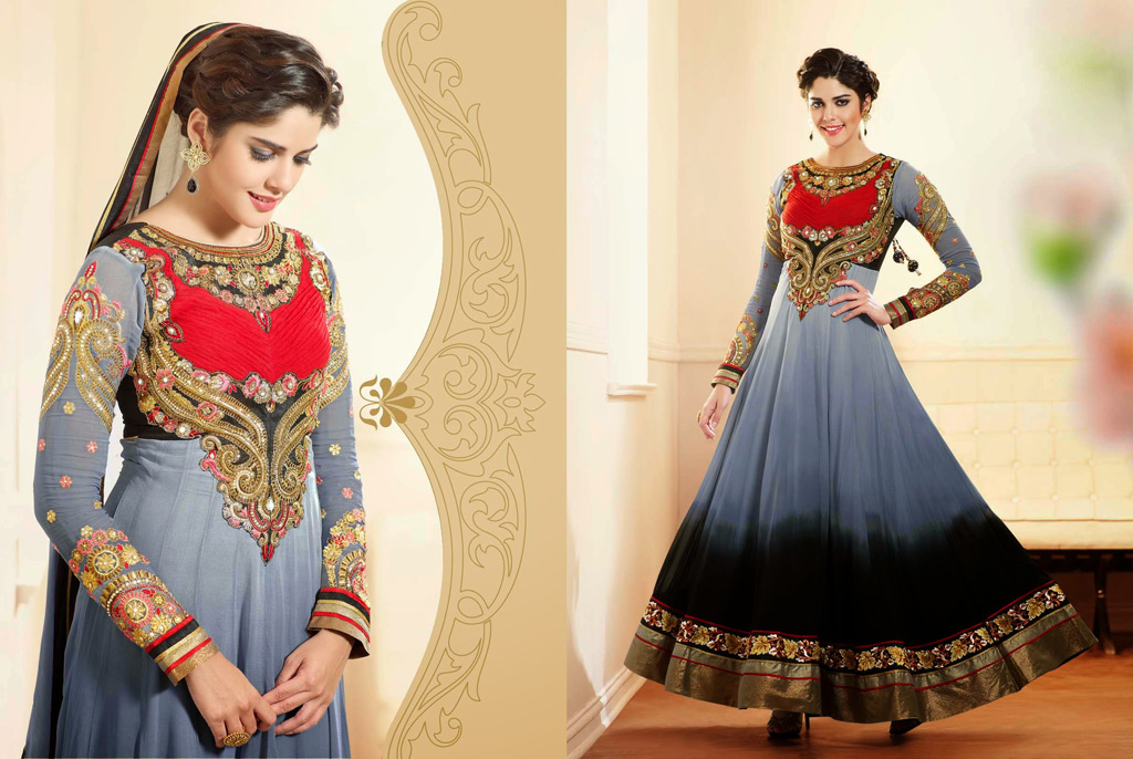 Grey and Black Embroidered Long Anarkali Style Suit 34631