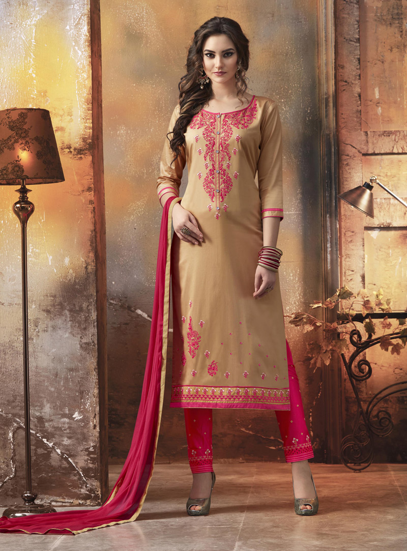 Beige Cotton Readymade Pant Style Suit 129501