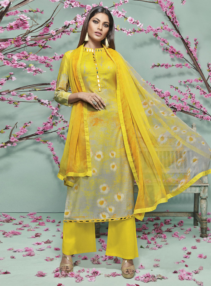 Yellow Cotton Palazzo Style Suit 129869