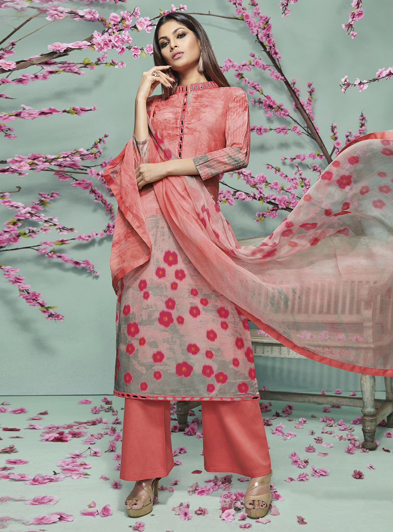 Peach Cotton Pakistani Style Suit 129874