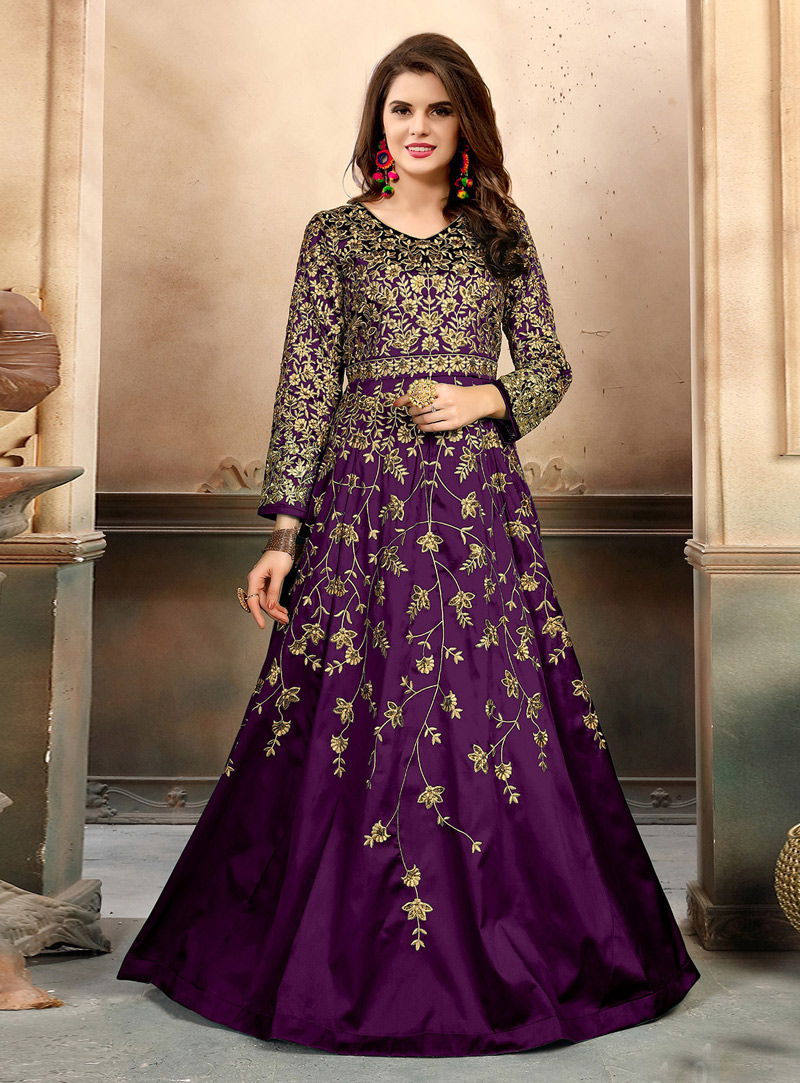 Purple Taffeta Silk Floor Length Anarkali Suit 129716