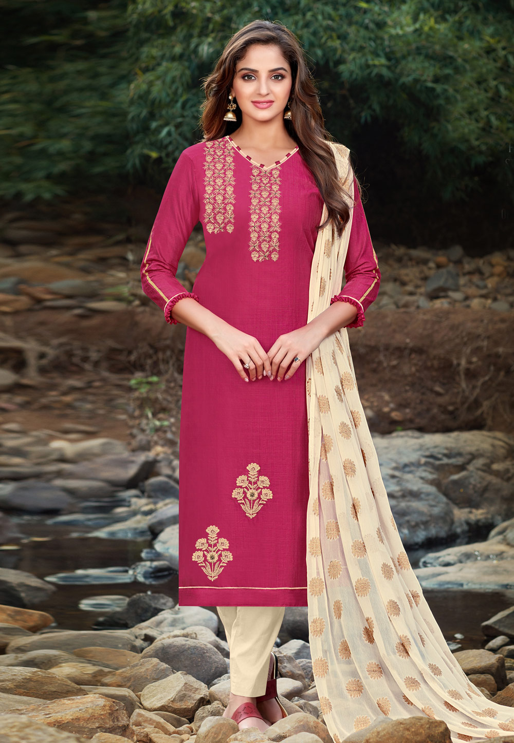 Pink Banarasi Silk Kameez With Pant 213892