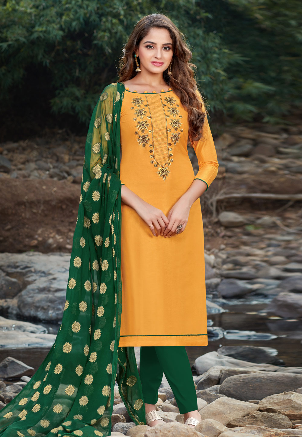 Yellow Banarasi Silk Pant Style Suit 213893