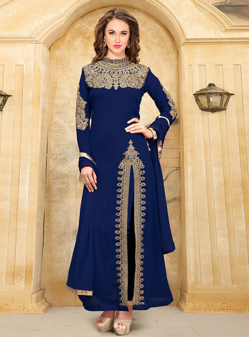Royal Blue Faux Georgette Long Anarkali Suit 100951