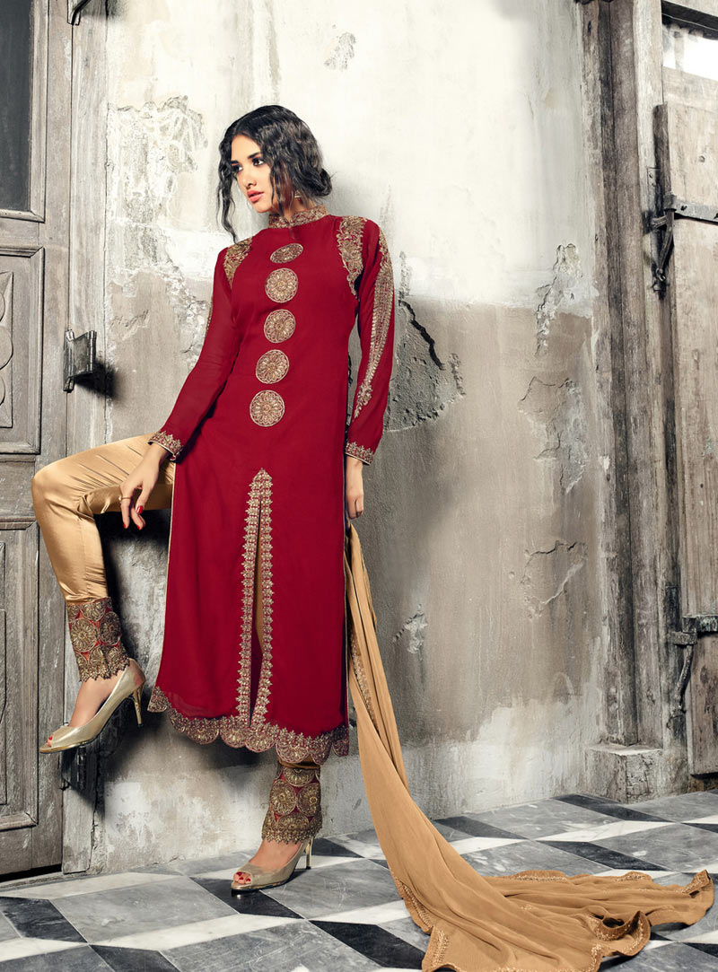 Red and Beige Georgette Embroidered Straight Pant Suit 84957