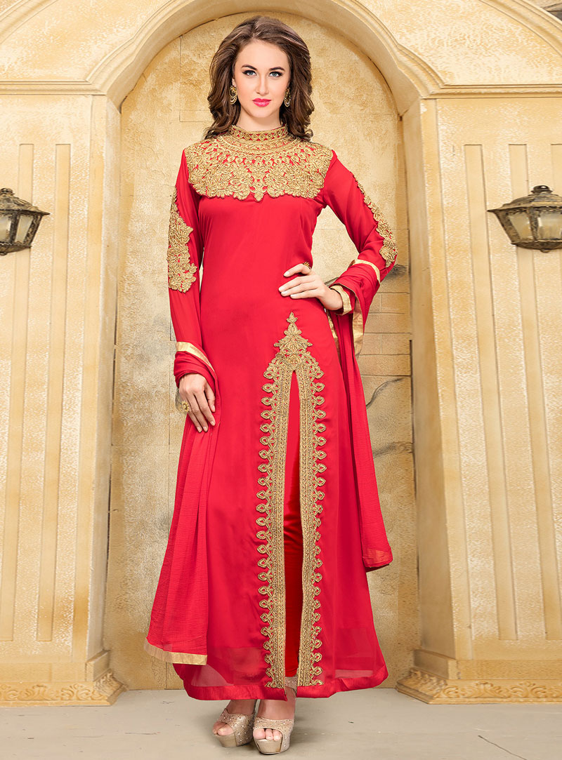 Red Faux Georgette Designer Anarkali Suit 100952