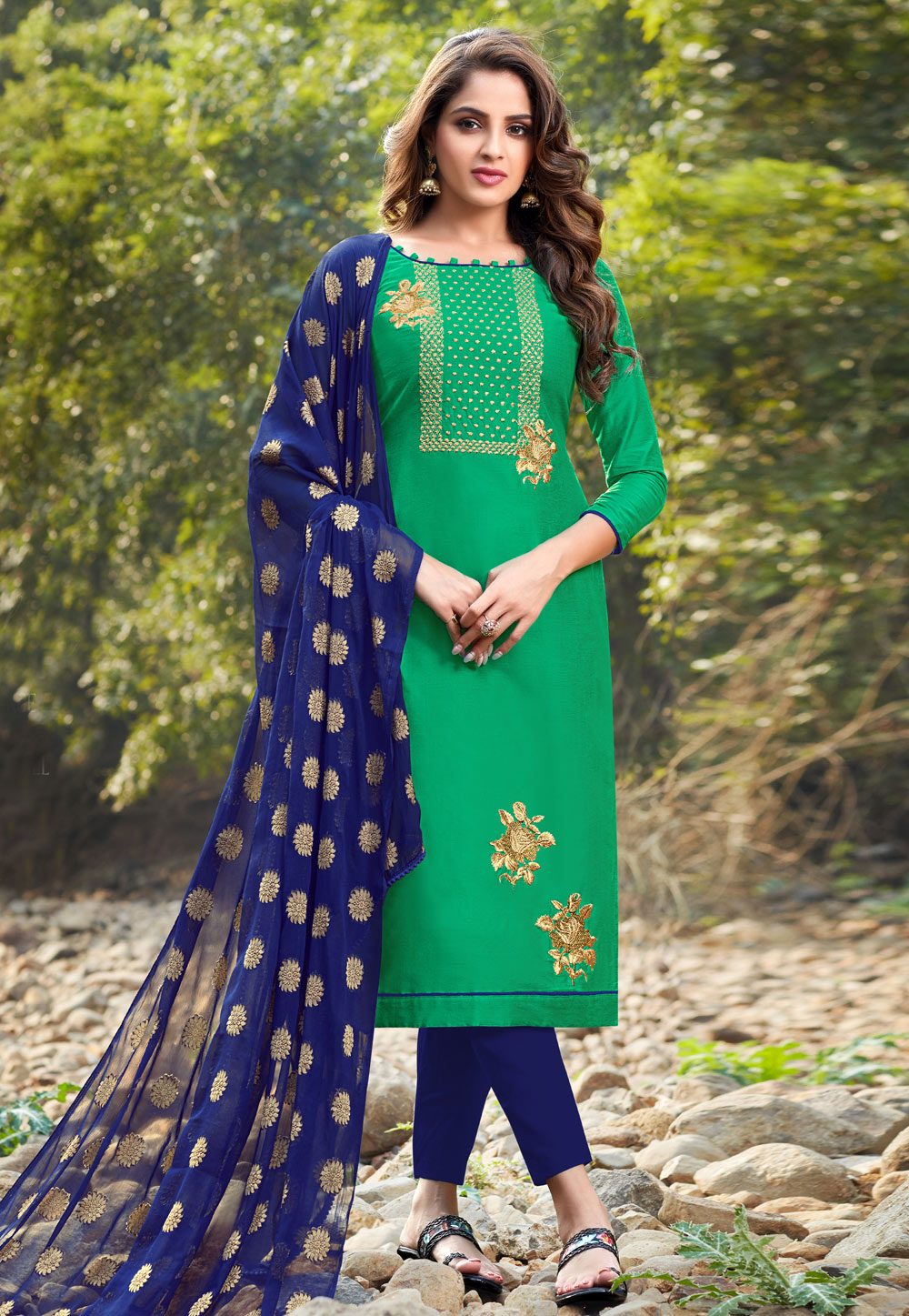 Green Banarasi Silk Pant Style Suit 213897