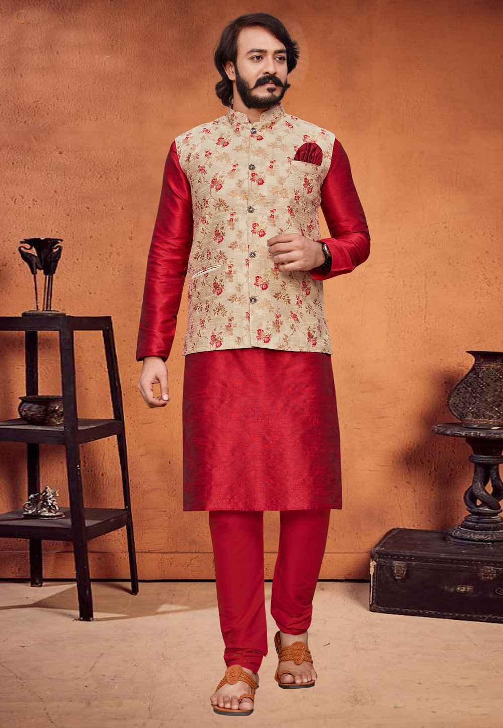 Red Color Art Silk Fabric Mens Kurta Pyjama With Fancy Jacket