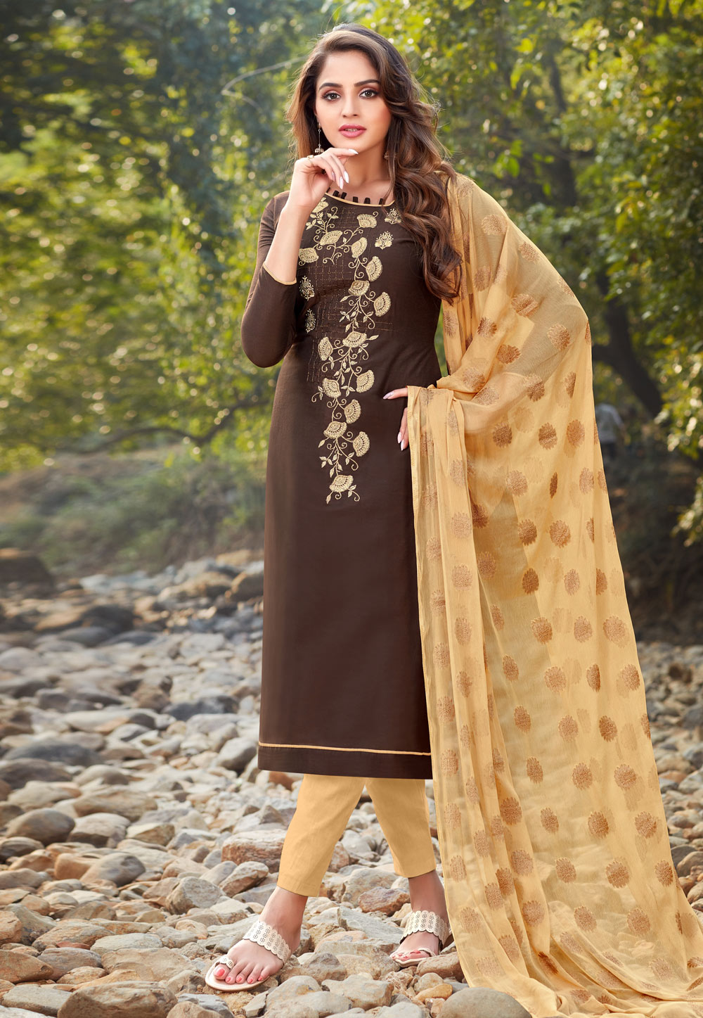 Brown Banarasi Silk Kameez With Pant 213898