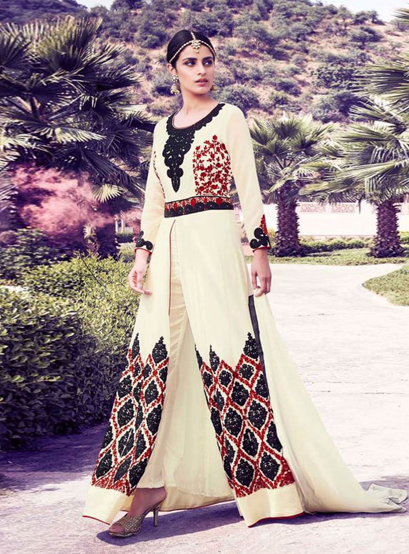 Cream Georgette Pant Style Suit 79103