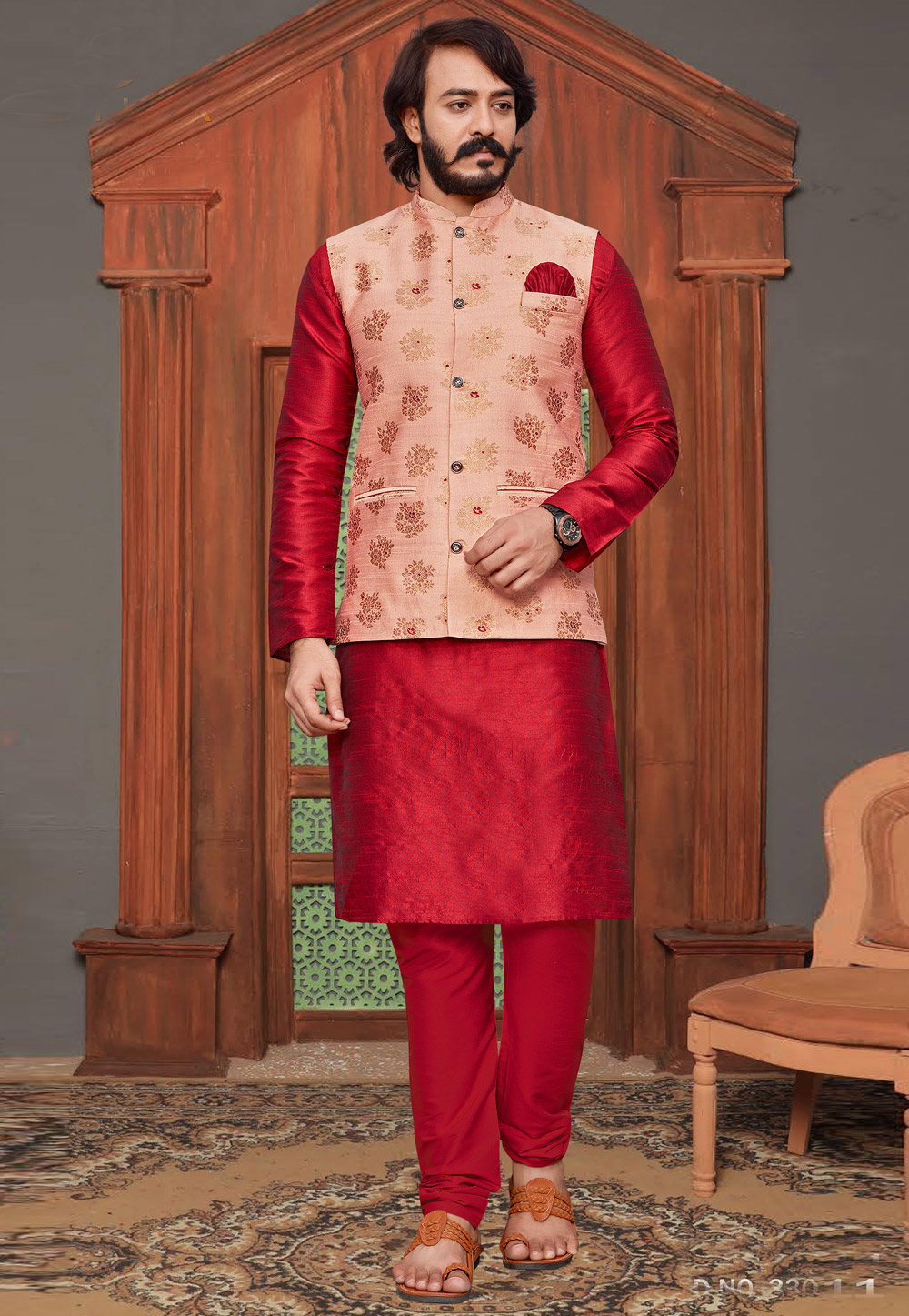 Red Art Silk Kurta Pajama With Jacket 232739