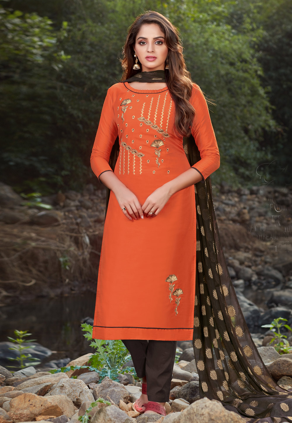 Orange Banarasi Silk Pant Style Suit 213901