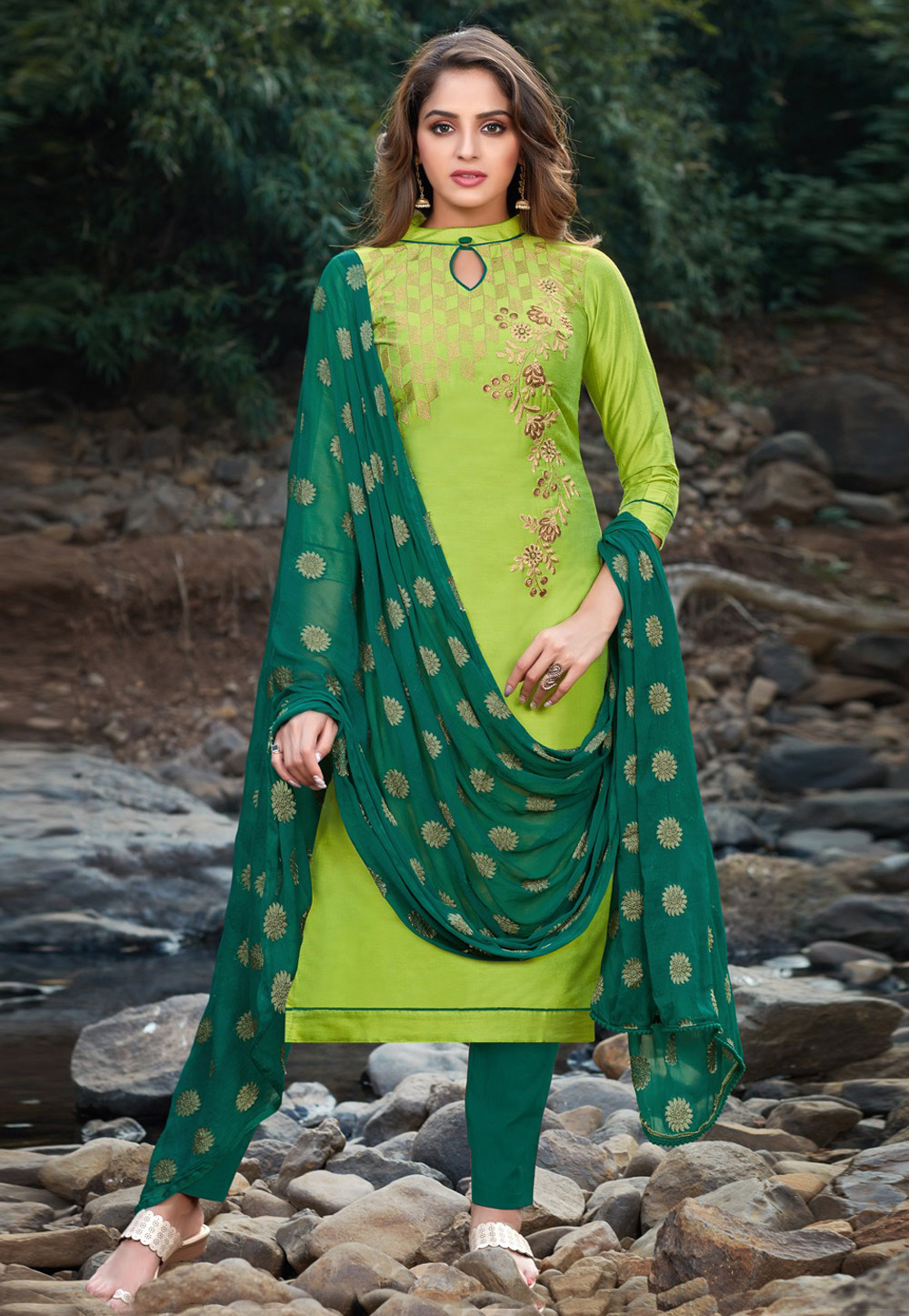 Green Banarasi Silk Kameez With Pant 213902