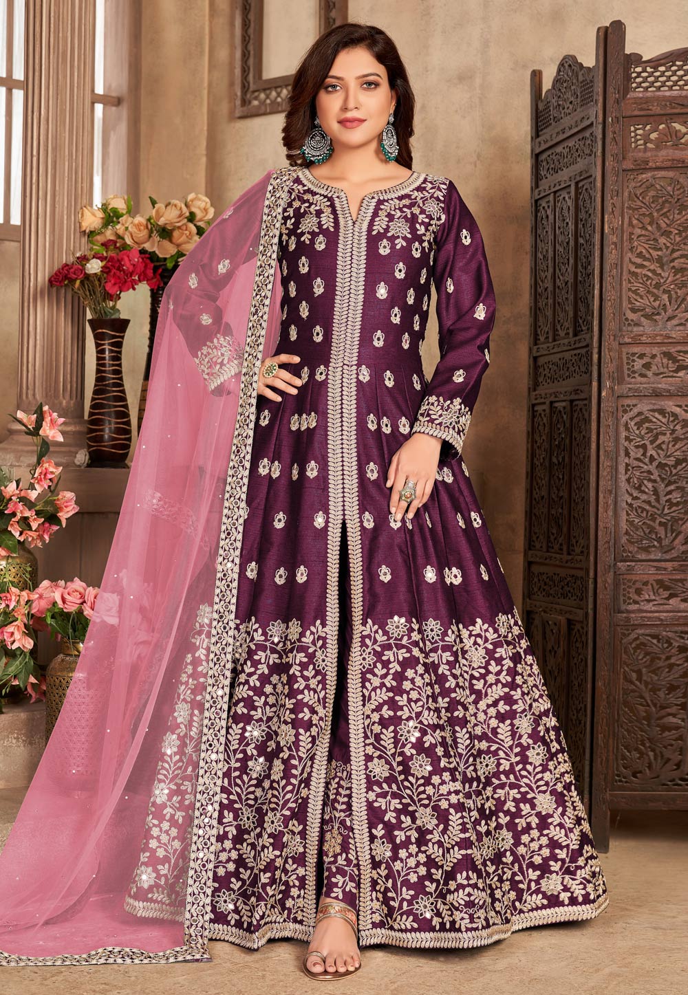 Purple Art Silk Embroidered Long Anarkali Suit 238386