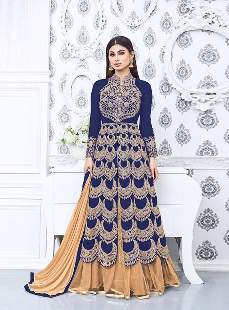 Mouni Roy Navy Blue Faux Georgette Embroidered Center Slit Suit 85955