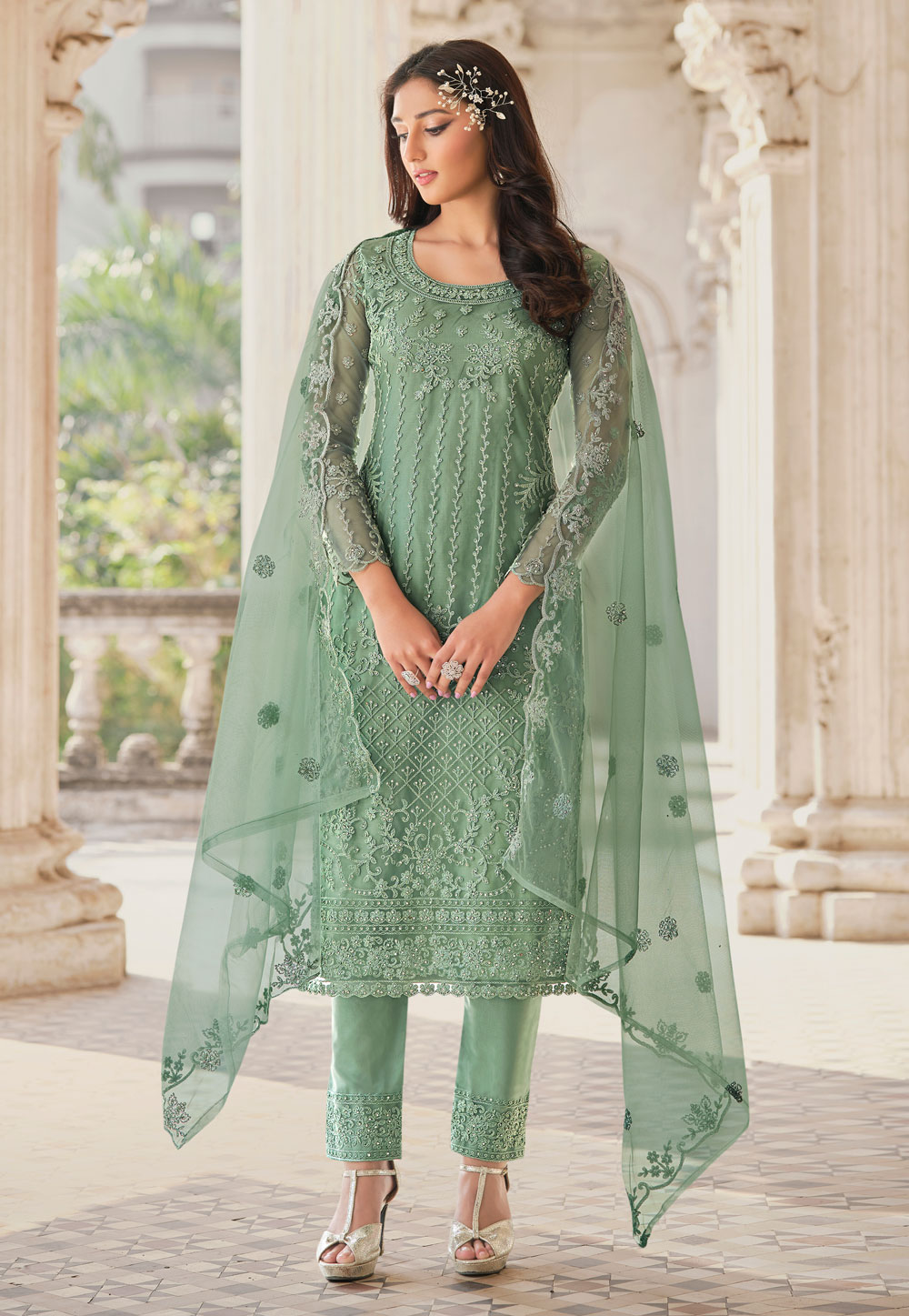 Sea Green Net Pant Style Suit 242629
